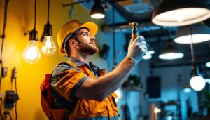 A photograph of a lighting contractor engaged in the installation of modern light fixtures