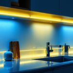A photograph of a beautifully illuminated kitchen featuring stylish under-cabinet lighting
