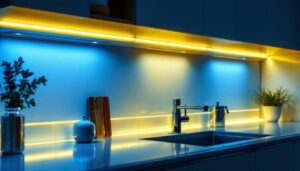 A photograph of a beautifully illuminated kitchen featuring stylish under-cabinet lighting