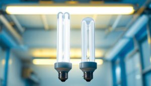 A photograph of a side-by-side comparison of t8 and t12 fluorescent tubes