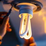 A photograph of a close-up of a 2-prong cfl bulb being installed in a light fixture