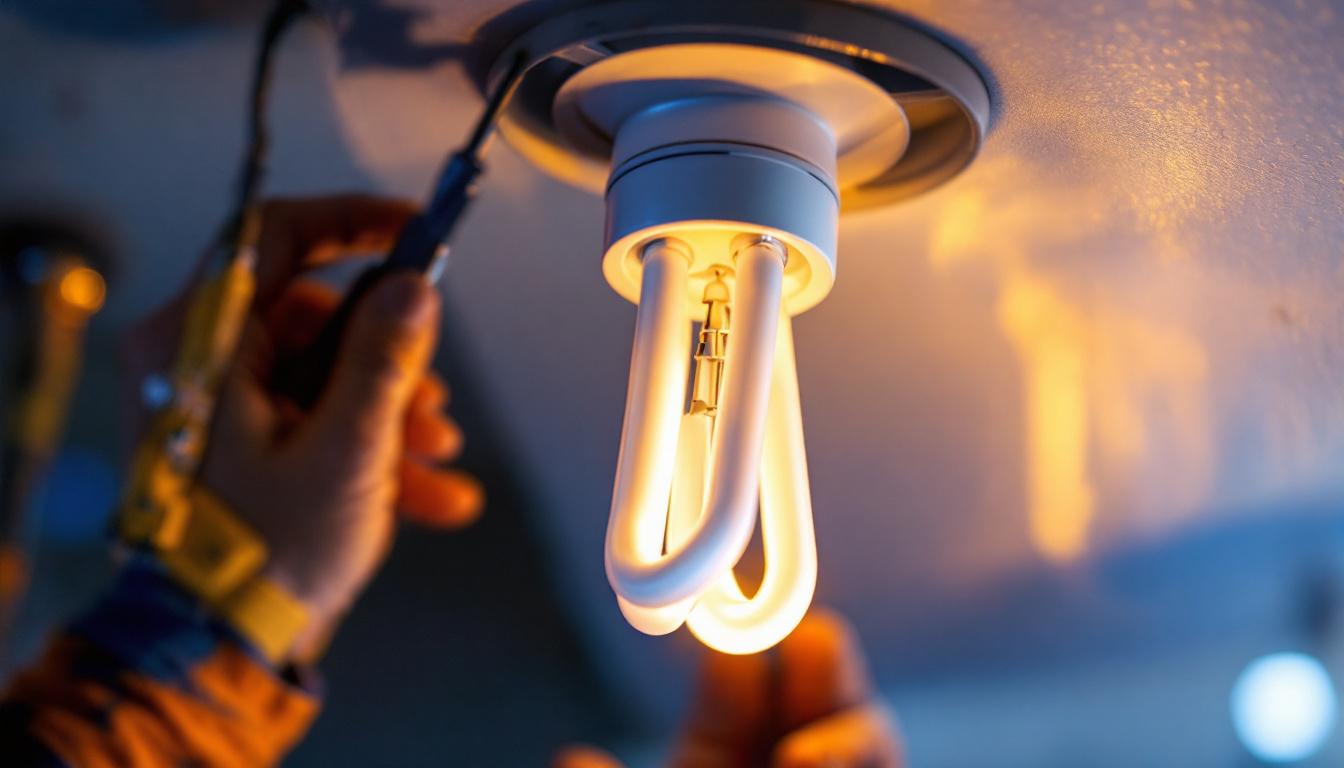 A photograph of a close-up of a 2-prong cfl bulb being installed in a light fixture