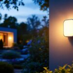 A photograph of a lighting contractor installing an outdoor light timer with a light sensor in a beautifully landscaped garden