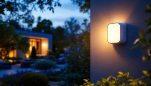 A photograph of a lighting contractor installing an outdoor light timer with a light sensor in a beautifully landscaped garden