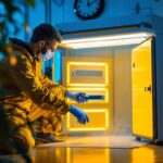 A photograph of a professional lighting contractor setting up or demonstrating a uv light room sterilizer in a clean