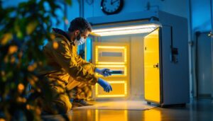 A photograph of a professional lighting contractor setting up or demonstrating a uv light room sterilizer in a clean