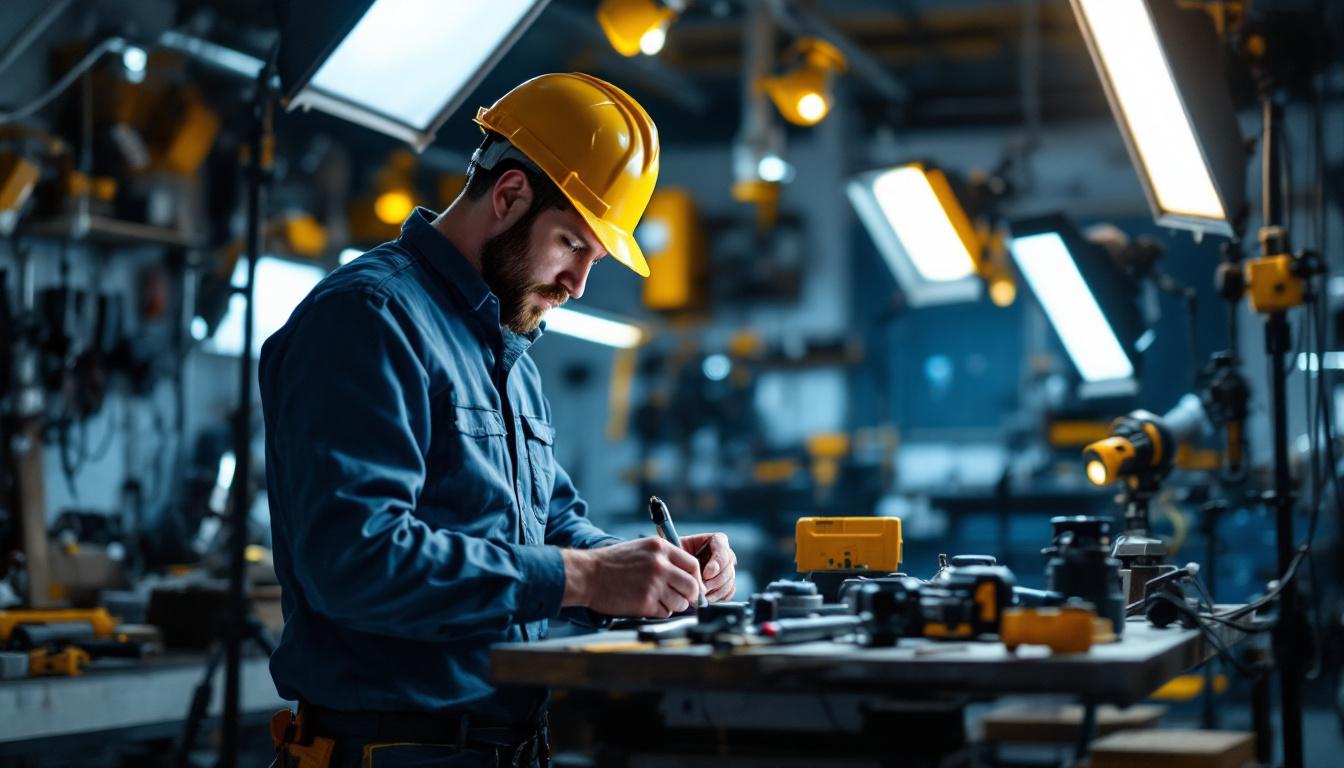 A photograph of a lighting contractor in action