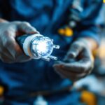 A photograph of a close-up shot of a light connector plug being held by a lighting contractor