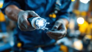 A photograph of a close-up shot of a light connector plug being held by a lighting contractor