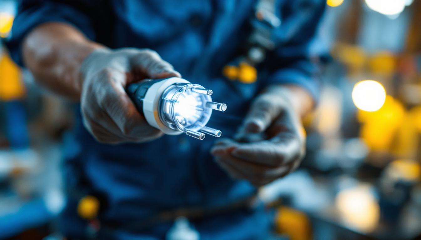 A photograph of a close-up shot of a light connector plug being held by a lighting contractor