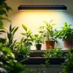 A photograph of a beautifully arranged solar-powered plant light illuminating a vibrant indoor garden