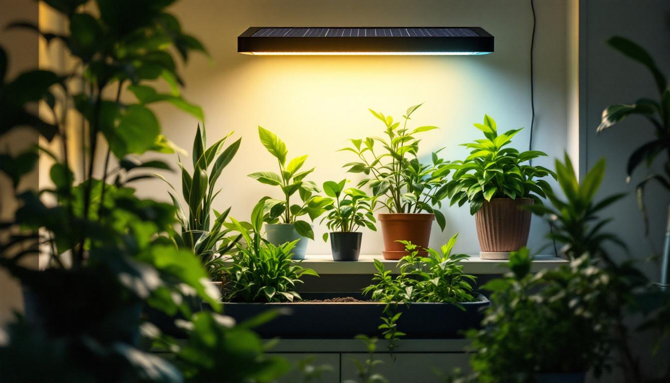 A photograph of a beautifully arranged solar-powered plant light illuminating a vibrant indoor garden