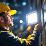 A photograph of a professional lighting contractor installing a 400w led floodlight in a commercial or outdoor setting