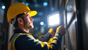 A photograph of a professional lighting contractor installing a 400w led floodlight in a commercial or outdoor setting