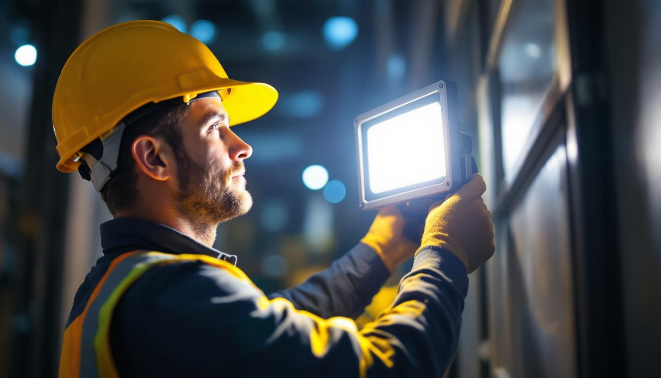A photograph of a professional lighting contractor installing a 400w led floodlight in a commercial or outdoor setting