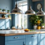 A photograph of a beautifully designed kitchen island featuring polished nickel pendant lights