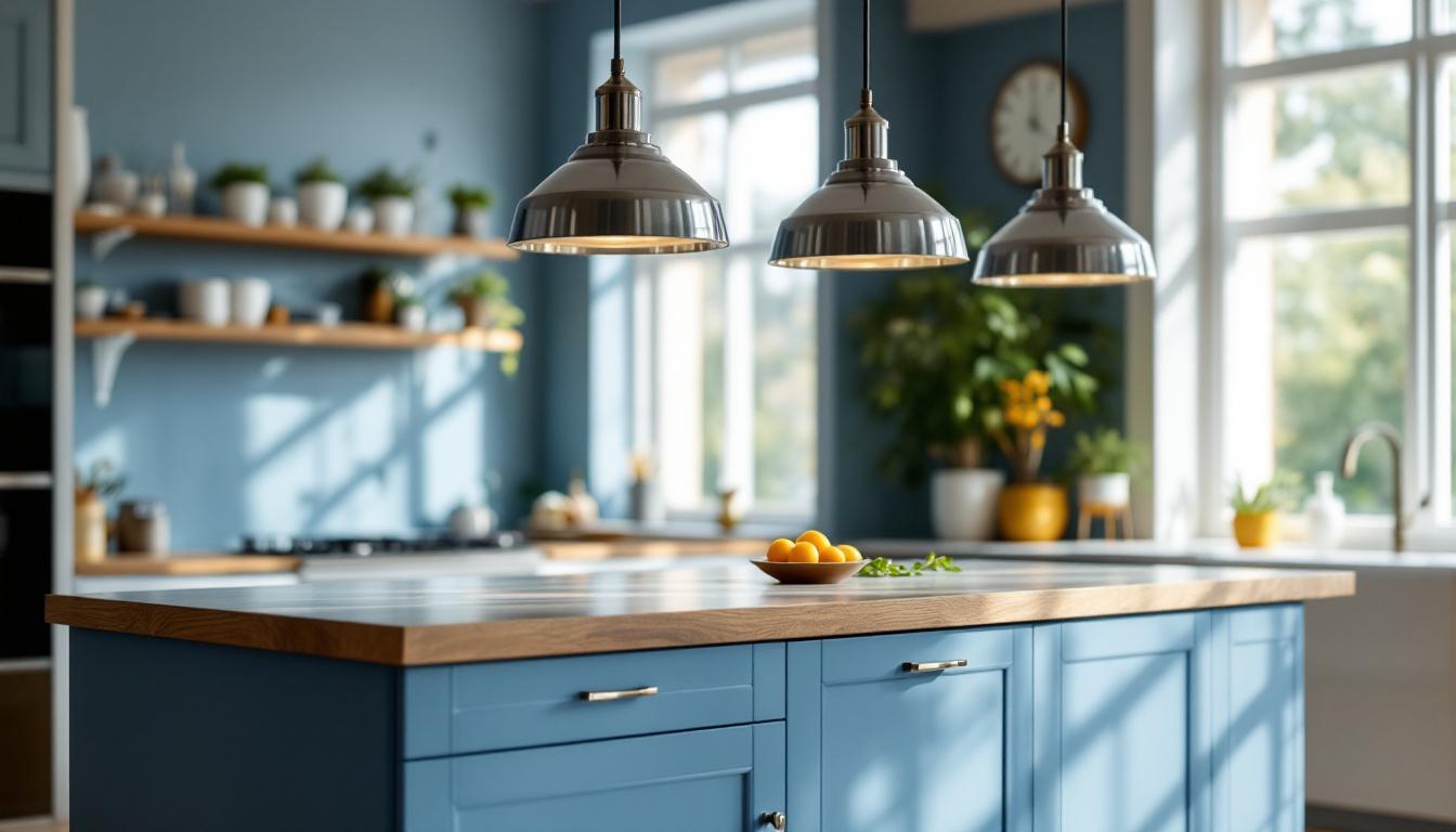 A photograph of a beautifully designed kitchen island featuring polished nickel pendant lights