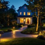 A photograph of a skilled lighting contractor installing motion-activated outdoor lights in a beautifully landscaped yard during twilight