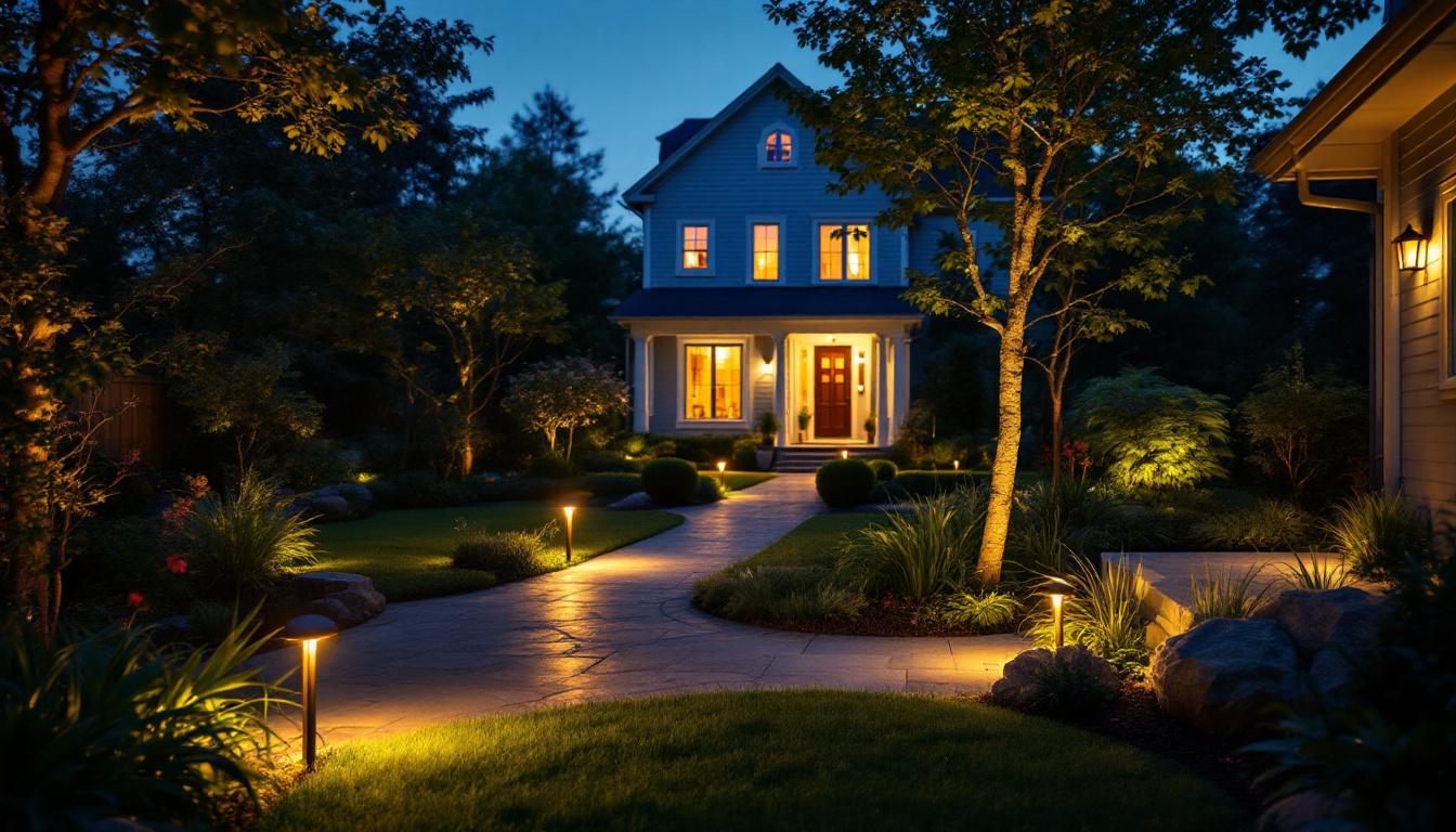 A photograph of a skilled lighting contractor installing motion-activated outdoor lights in a beautifully landscaped yard during twilight