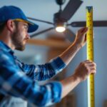 A photograph of a lighting contractor measuring a room with a ceiling fan in the background