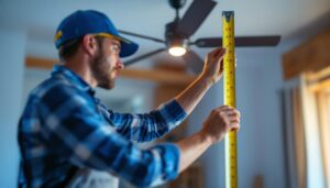 A photograph of a lighting contractor measuring a room with a ceiling fan in the background