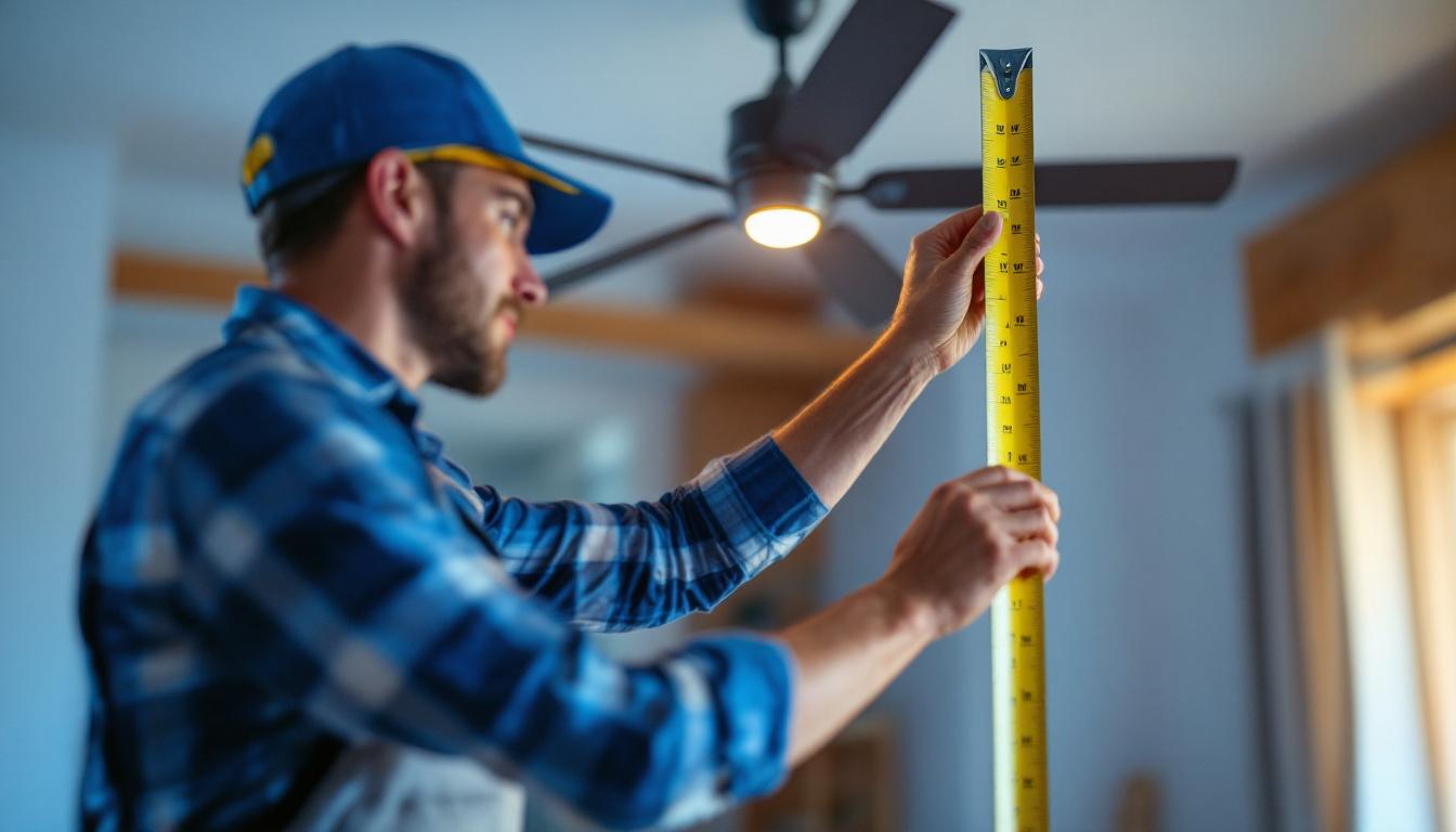 A photograph of a lighting contractor measuring a room with a ceiling fan in the background