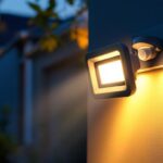 A photograph of a sleek led floodlight with a motion sensor installed in a well-lit outdoor setting