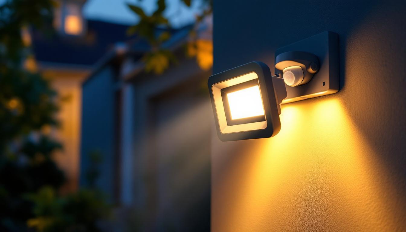 A photograph of a sleek led floodlight with a motion sensor installed in a well-lit outdoor setting
