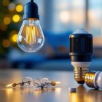 A photograph of a close-up of a 4-pin cfl bulb being replaced with a sleek led bulb