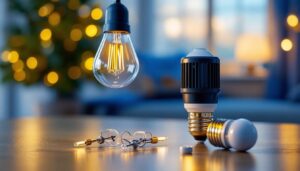 A photograph of a close-up of a 4-pin cfl bulb being replaced with a sleek led bulb