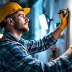 A photograph of a skilled lighting contractor at work