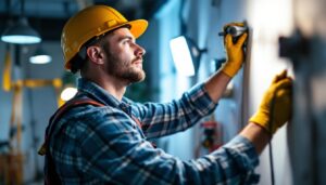A photograph of a skilled lighting contractor at work