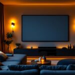 A photograph of a cozy home cinema setup featuring stylish wall lights that enhance the ambiance