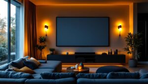 A photograph of a cozy home cinema setup featuring stylish wall lights that enhance the ambiance