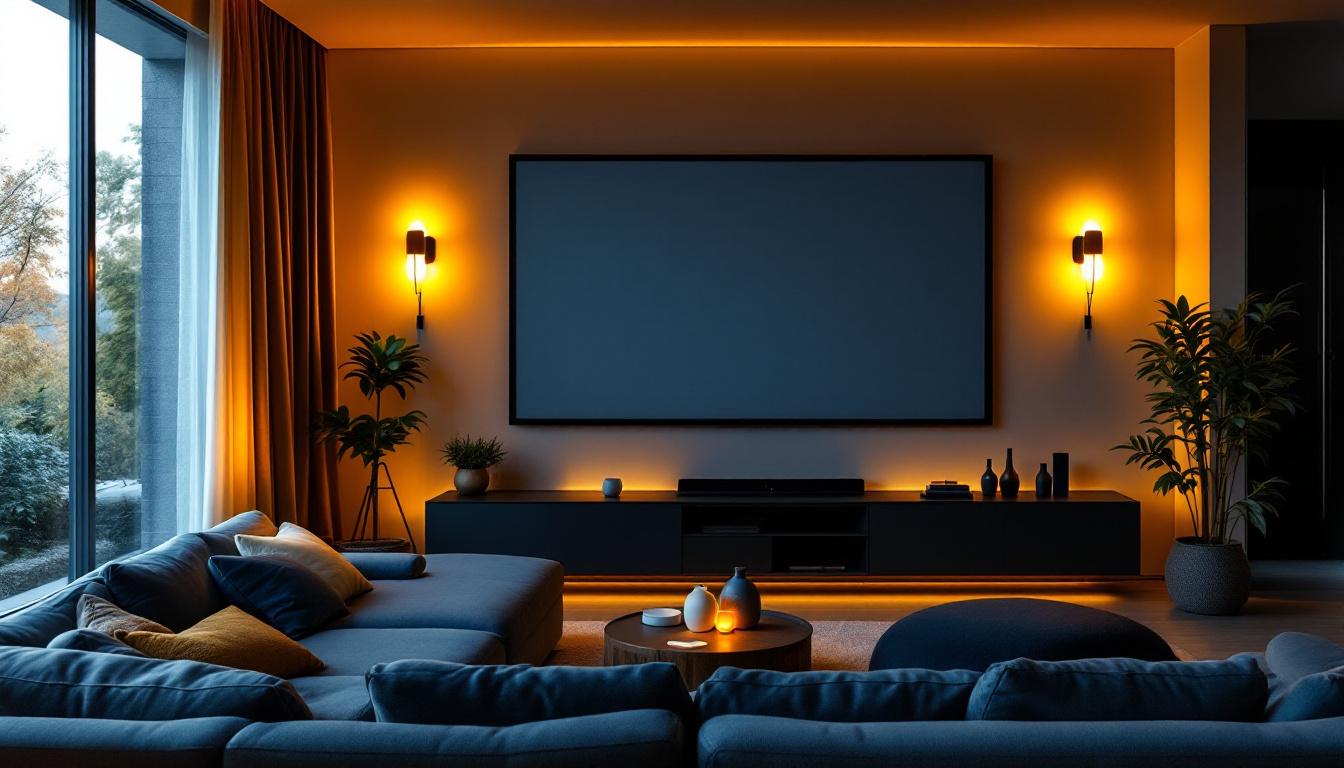 A photograph of a cozy home cinema setup featuring stylish wall lights that enhance the ambiance