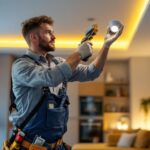 A photograph of a skilled lighting contractor expertly installing recessed lighting in a modern living space
