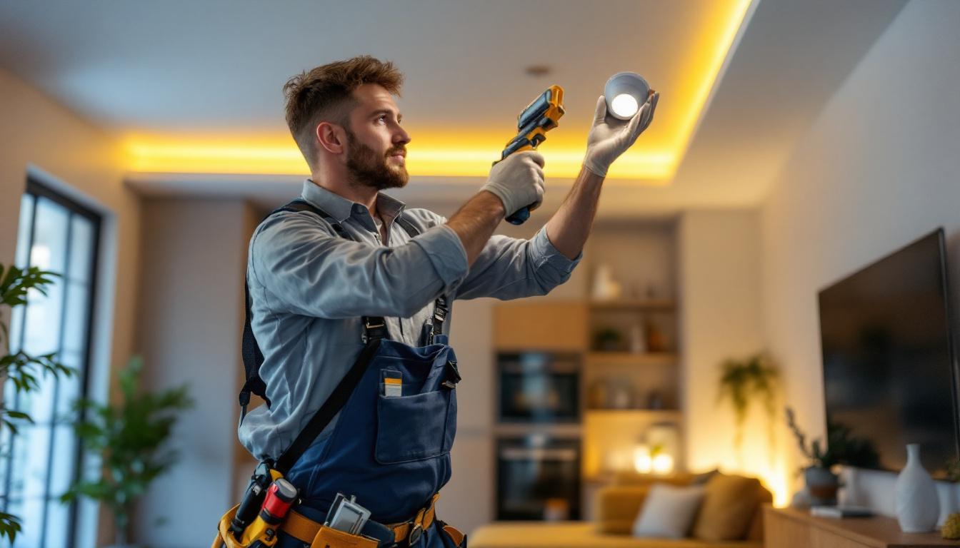 A photograph of a skilled lighting contractor expertly installing recessed lighting in a modern living space