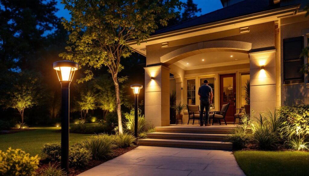 A photograph of a beautifully illuminated outdoor space featuring solar post accent lights