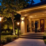 A photograph of a beautifully illuminated outdoor space featuring solar post accent lights