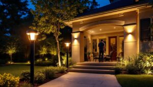A photograph of a beautifully illuminated outdoor space featuring solar post accent lights
