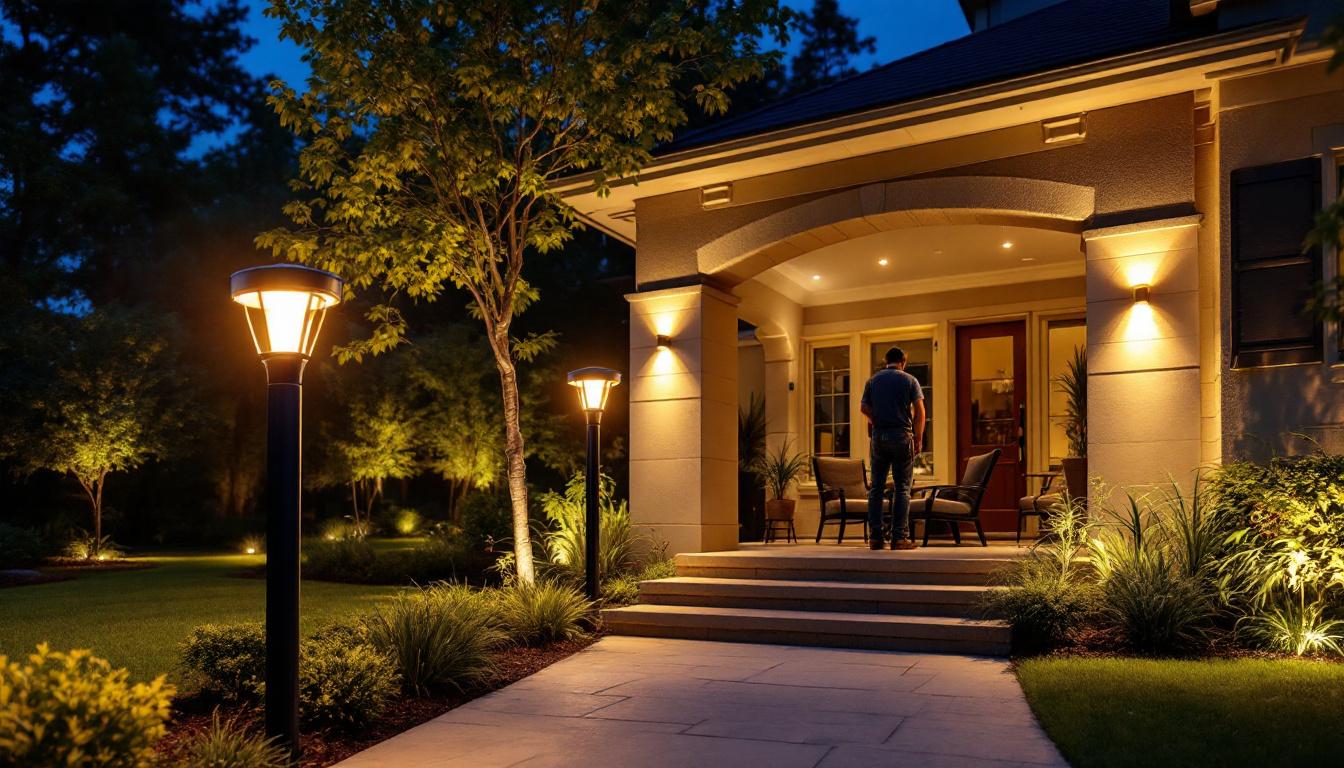 A photograph of a beautifully illuminated outdoor space featuring solar post accent lights