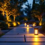 A photograph of a beautifully landscaped outdoor space illuminated by stylish solar floor lights during dusk