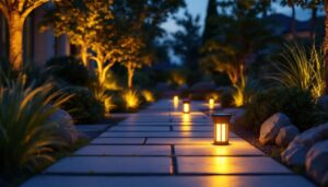 A photograph of a beautifully landscaped outdoor space illuminated by stylish solar floor lights during dusk