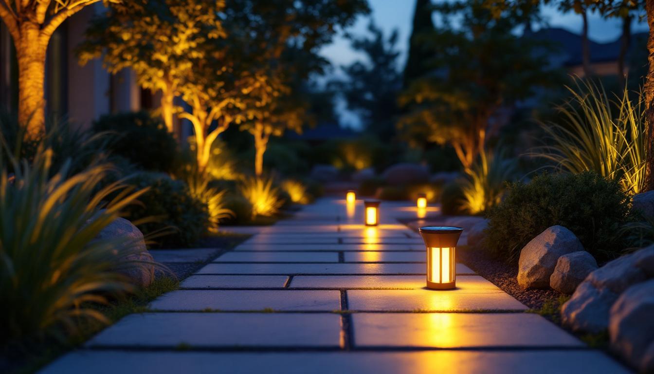 A photograph of a beautifully landscaped outdoor space illuminated by stylish solar floor lights during dusk