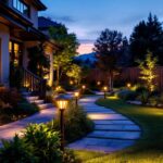 A photograph of a beautifully illuminated outdoor space featuring various landscape lighting kits in action