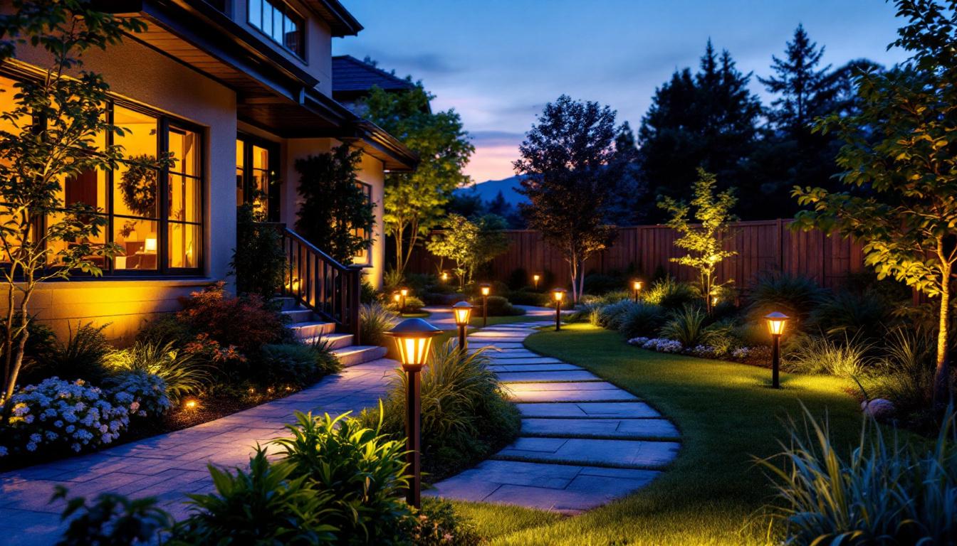 A photograph of a beautifully illuminated outdoor space featuring various landscape lighting kits in action