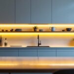 A photograph of a sleek kitchen featuring modern under-cabinet led lighting that highlights the countertops and creates a warm ambiance