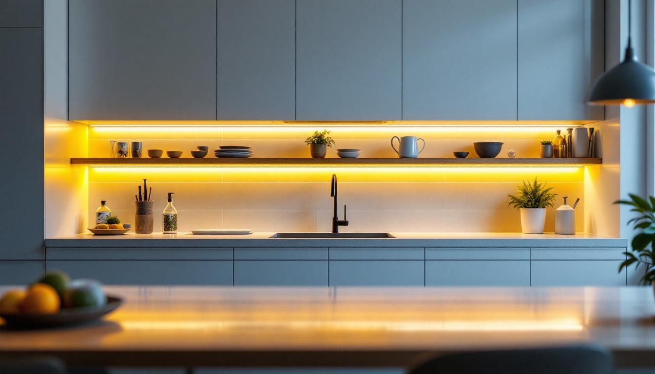 A photograph of a sleek kitchen featuring modern under-cabinet led lighting that highlights the countertops and creates a warm ambiance