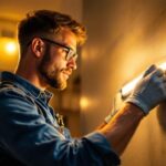 A photograph of a lighting contractor expertly installing or adjusting a modern lighting trim in a stylish residential or commercial space