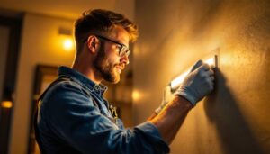 A photograph of a lighting contractor expertly installing or adjusting a modern lighting trim in a stylish residential or commercial space